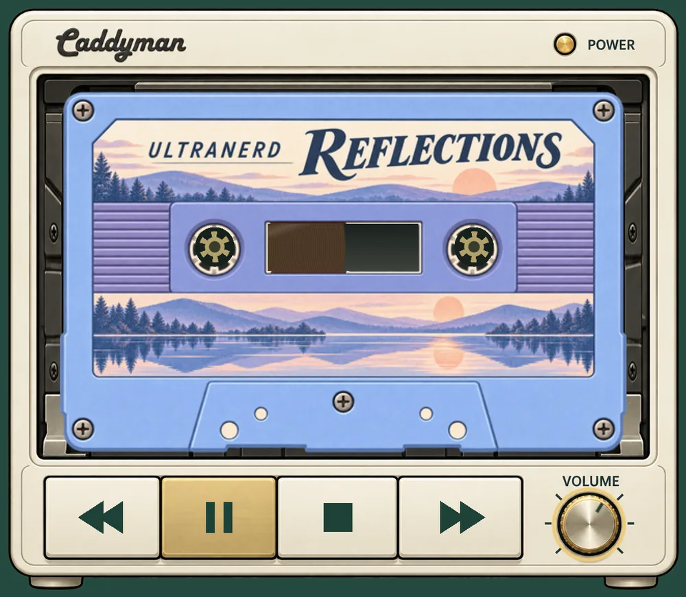 The Caddyman tape deck with the Reflections cassette loaded, transport keys and a brass volume knob