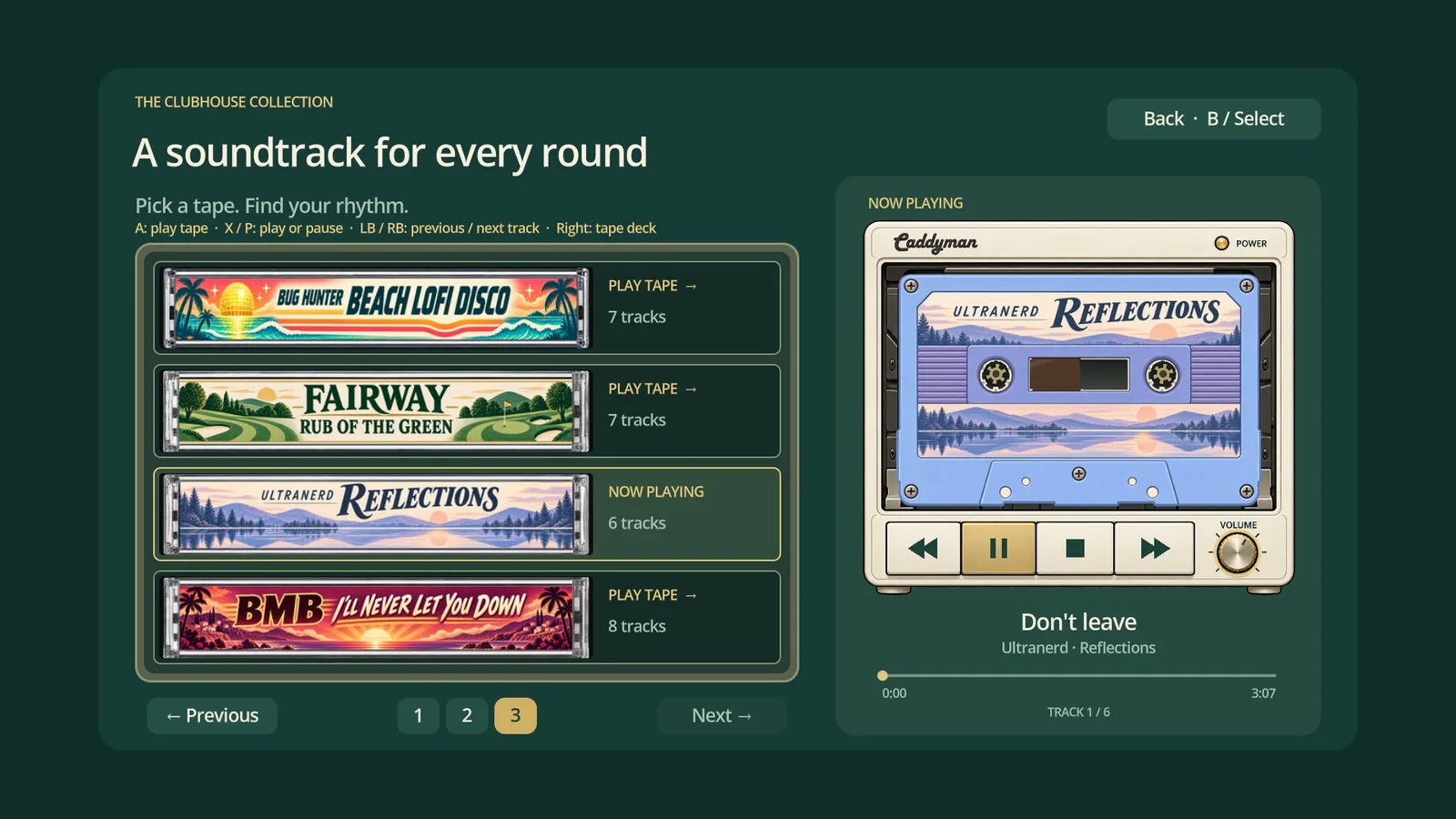 The Caddyman music library: a rack of cassette tapes beside a cream tape deck playing an album called Reflections
