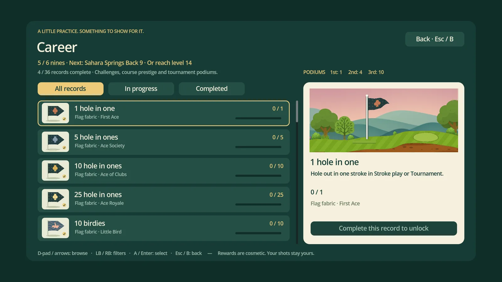 The Career screen listing challenges such as one hole in one and ten birdies, each with a flag fabric reward and a progress bar