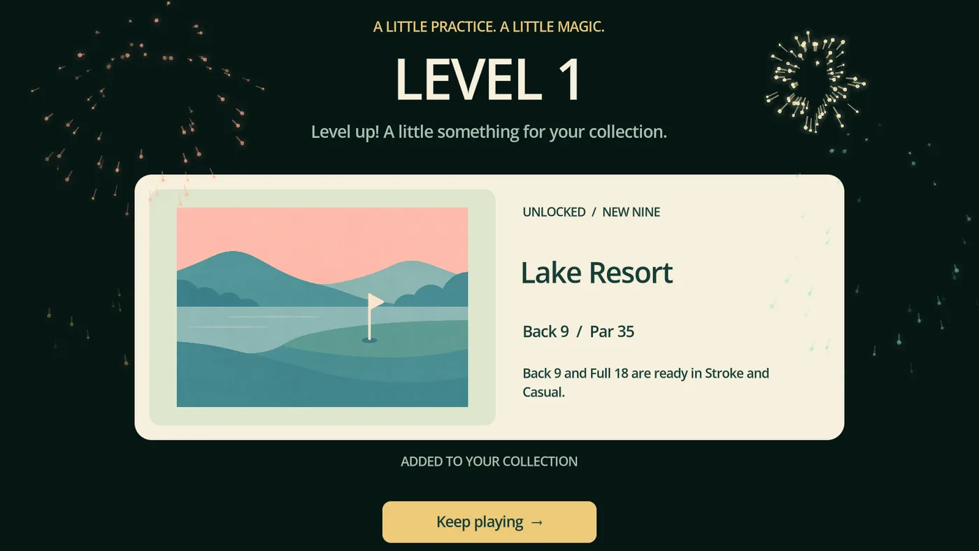 A level-up screen with fireworks, announcing that the Lake Resort back nine is unlocked