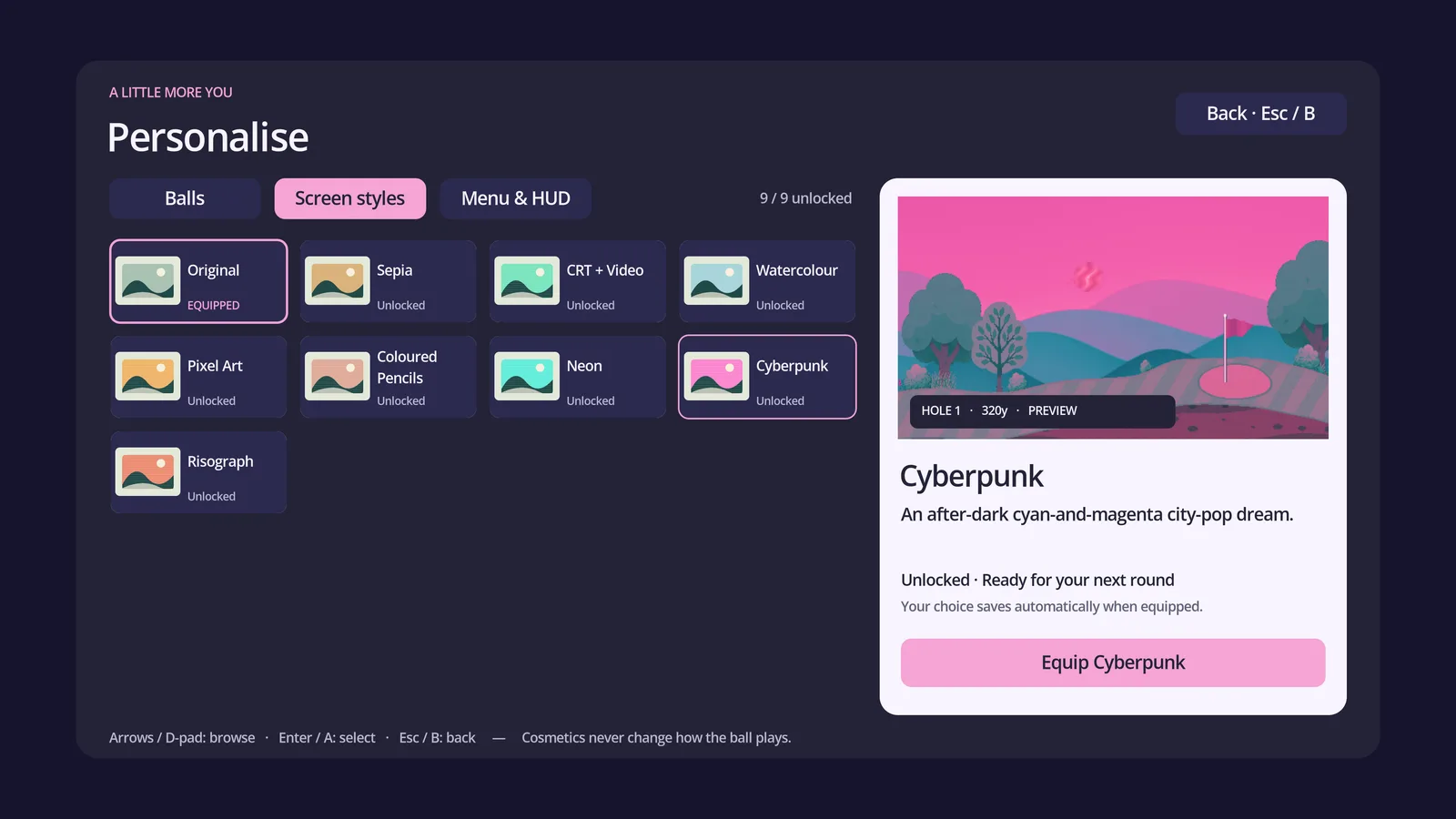 The Screen styles tab of Personalise with Sepia, CRT, Watercolour, Pixel Art, Neon and Cyberpunk, shown in a pink and purple menu theme